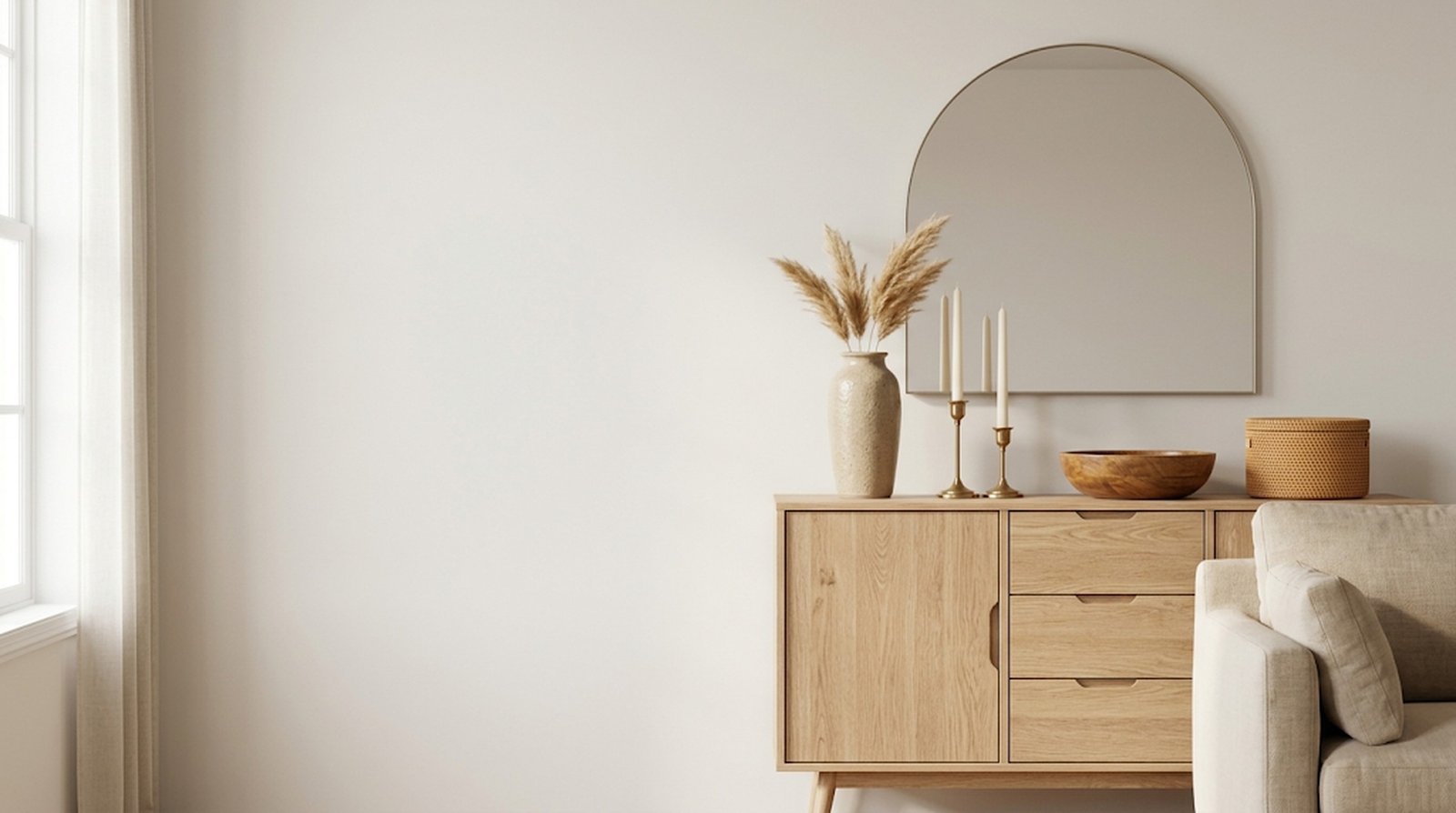 A calm living room with an oak sideboard styled with a stoneware vase, brass candlesticks, a wooden bowl and a rattan basket